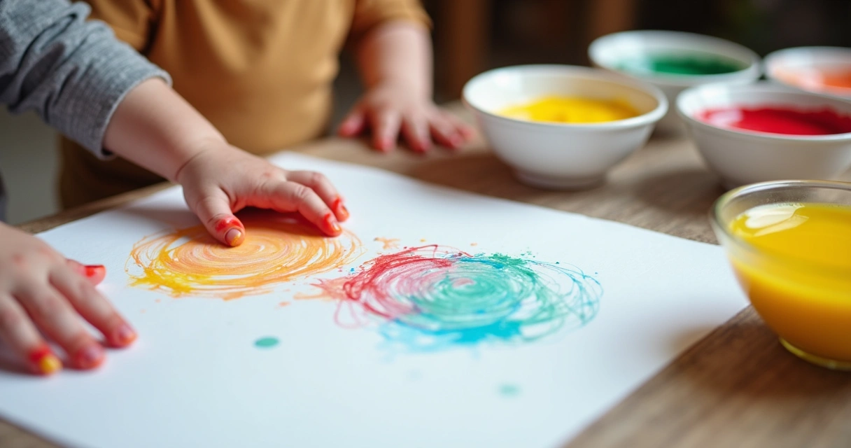 Mãos de bebê pintando com tinta comestível em papel