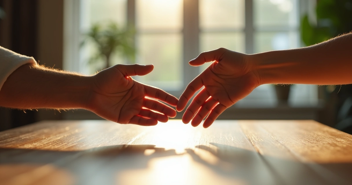 Duas mãos se aproximando sobre mesa em gesto de reconciliação 