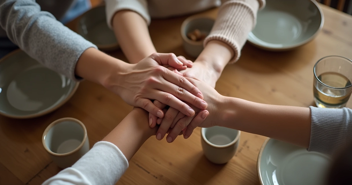 Mãos de familiares unidas em gesto de reconciliação