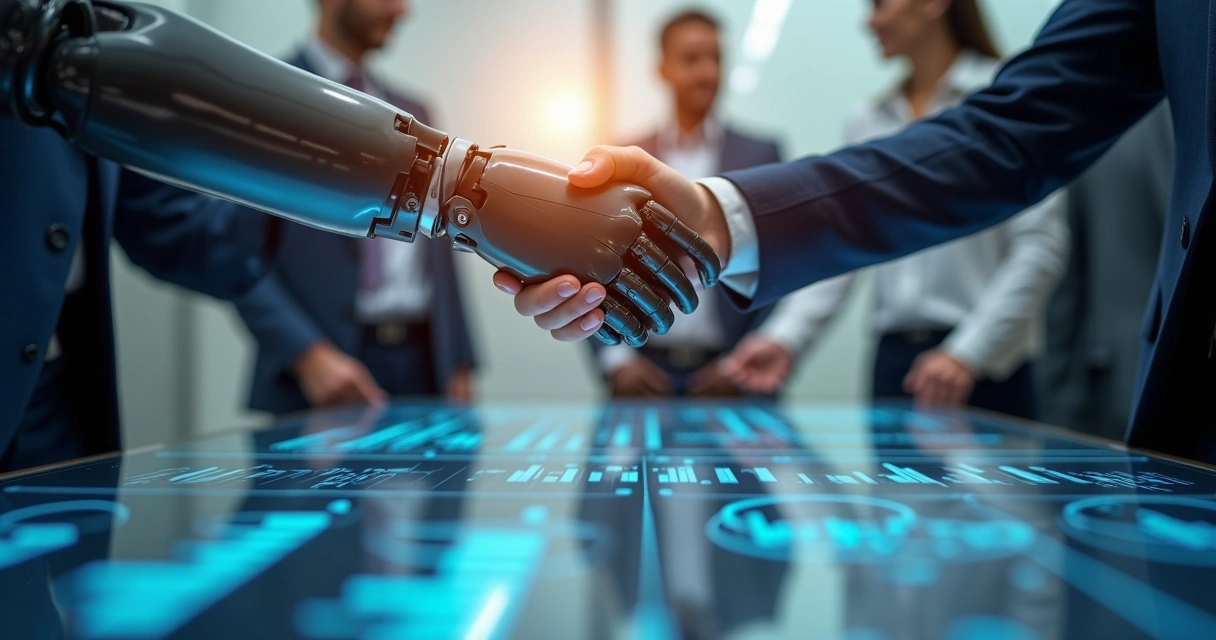 Mãos humana e robótica se cumprimentando 