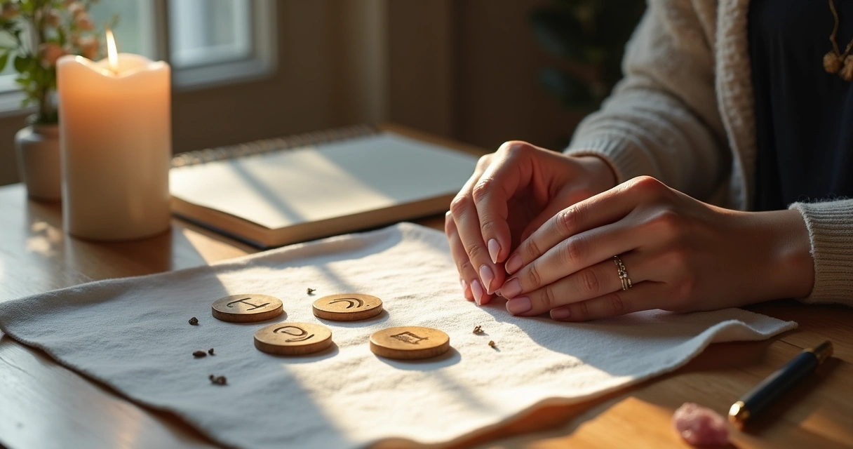 Mãos femininas segurando runas sobre toalha clara ao lado de vela acesa 