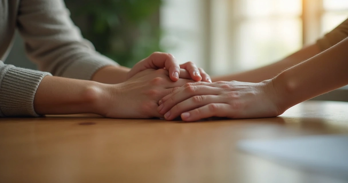 Mãos se tocando em gesto de apoio emocional 