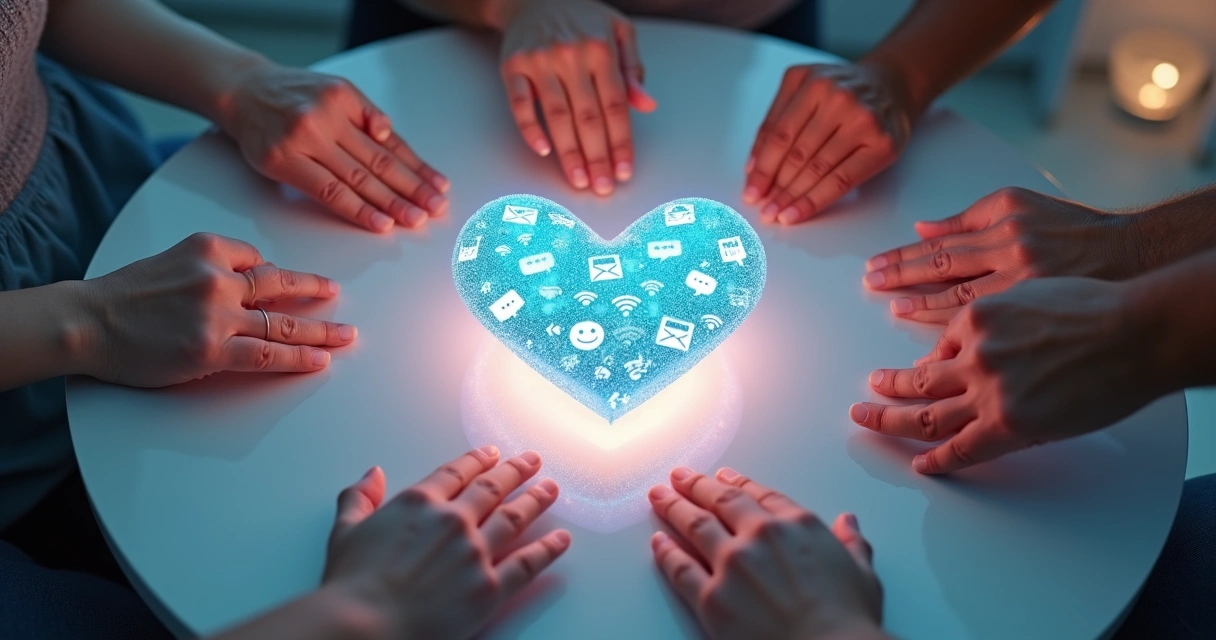 Mãos diversas segurando coração feito de ícones digitais brilhantes 