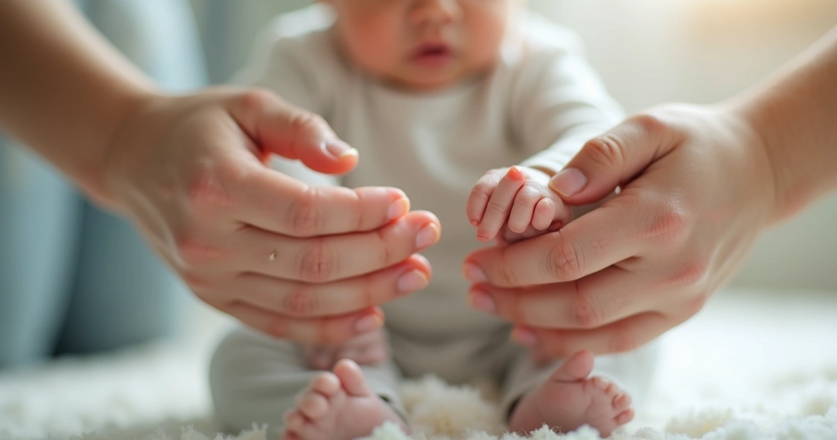 Mãos adultas segurando as mãos de um bebê que dá os primeiros passos 
