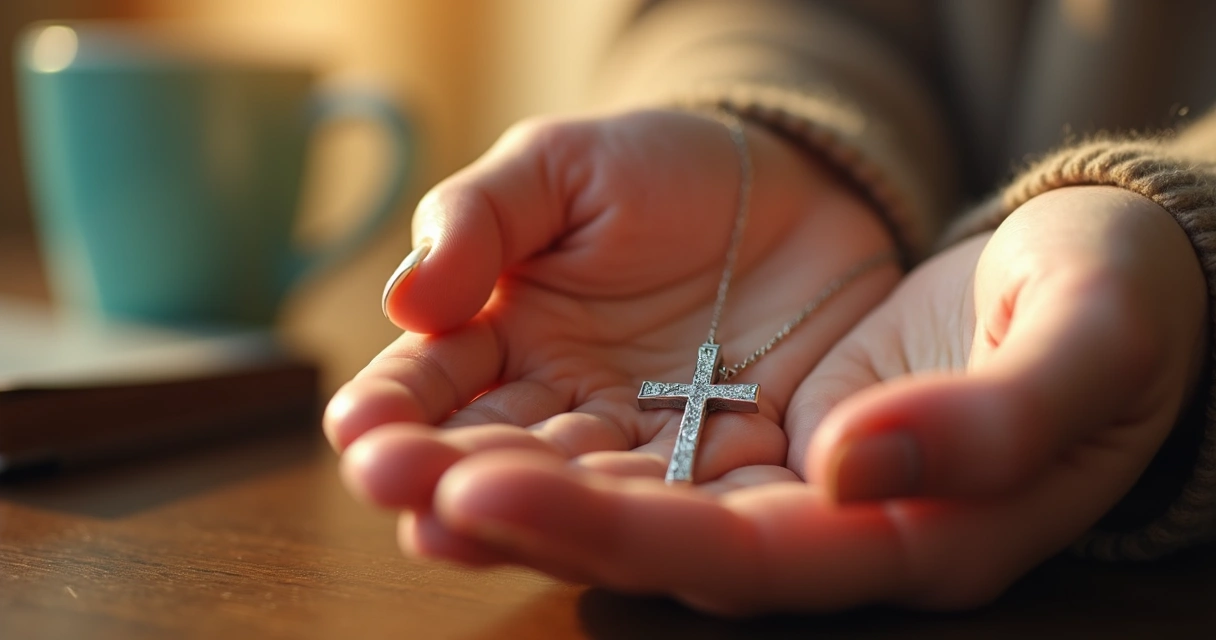 Mãos femininas segurando uma cruz prateada com luz dourada ao fundo