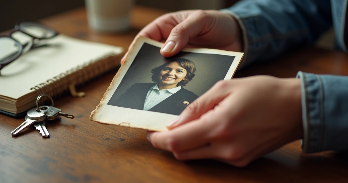 Mãos segurando fotografia antiga sobre mesa de madeira