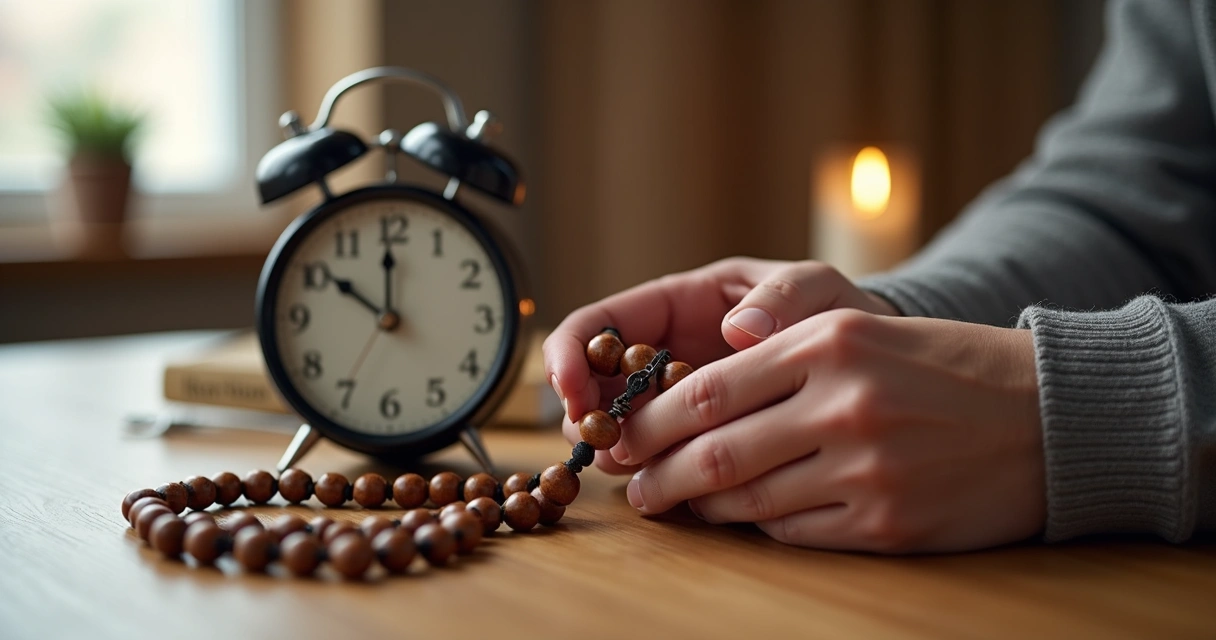 Mãos segurando terço sobre mesa com relógio ao lado, representando organização do tempo para oração diária 