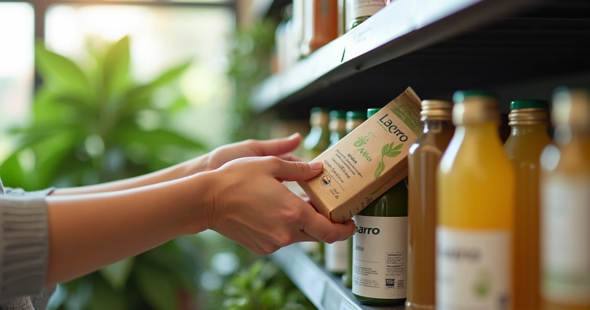 Mãos escolhendo produtos sustentáveis em prateleira 