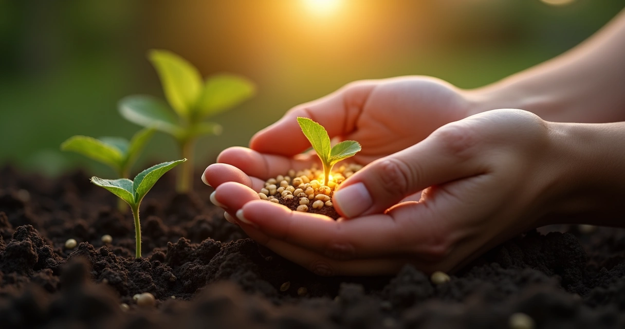 Mãos femininas depositando sementes brilhantes em solo fértil, ilustrando ação consciente para o futuro 