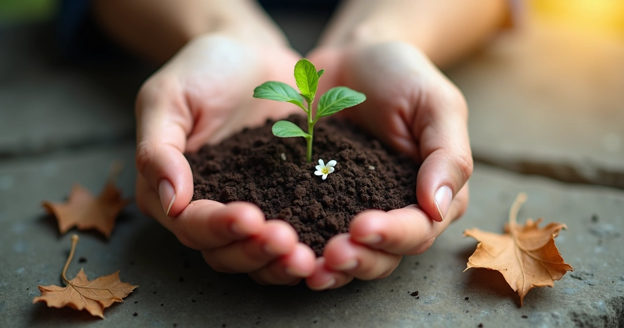 Mãos em concha segurando pequena planta florindo sobre terra úmida 