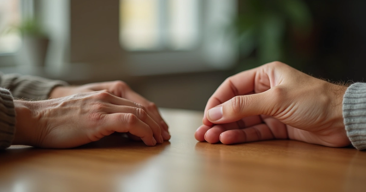Duas mãos afastadas sobre uma mesa 