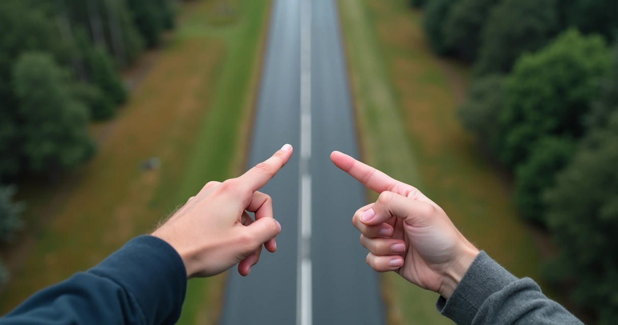 Duas mãos vistas de cima, cada uma apontando para um caminho diferente em uma bifurcação de estrada. 