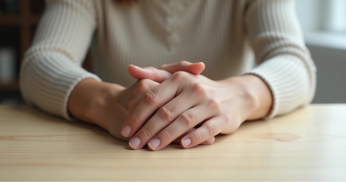 Mãos de três pessoas reunidas sobre uma mesa clara 