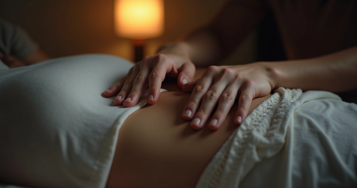 Mãos repousando sobre o abdômen de uma pessoa deitada, luz suave, sensação de relaxamento. 