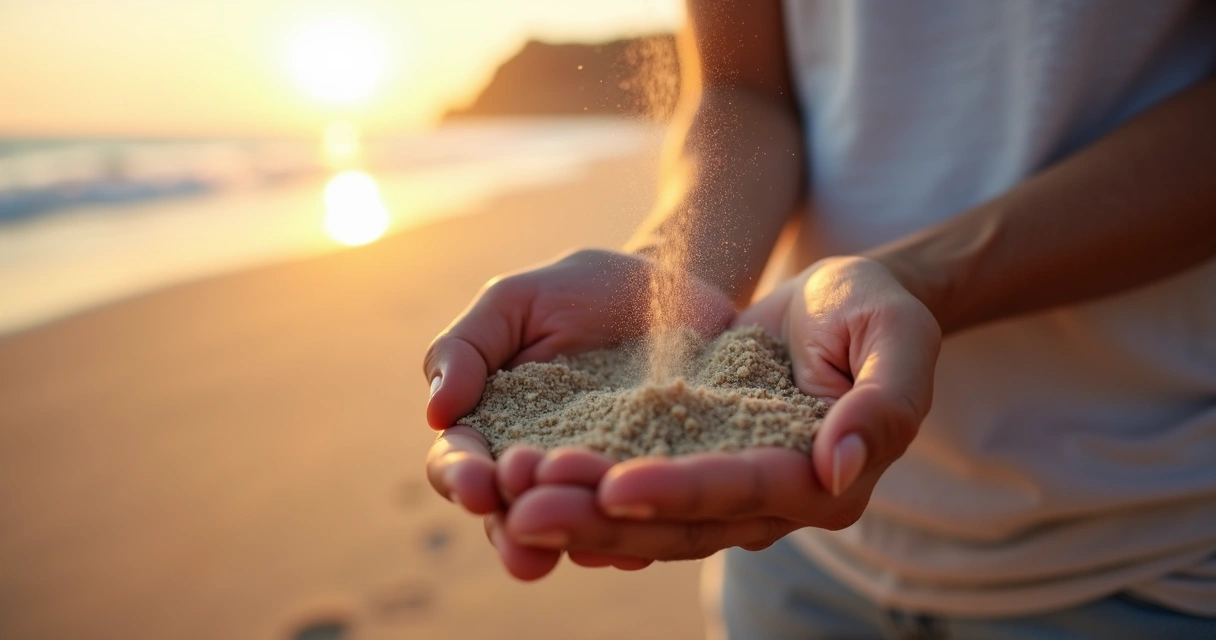 Mãos de adulto deixando a areia escorrer na praia ao pôr do sol 