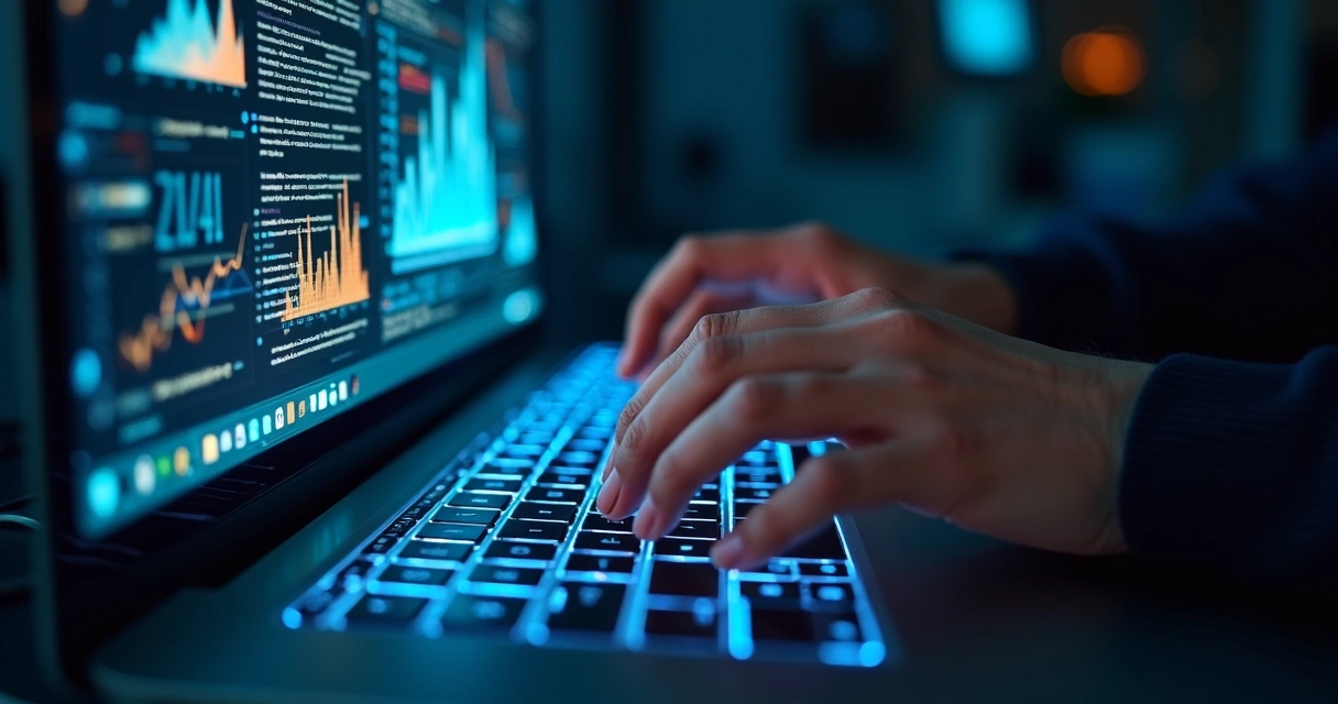 Mãos digitando em teclado com ícones digitais remetendo à inteligência artificial 