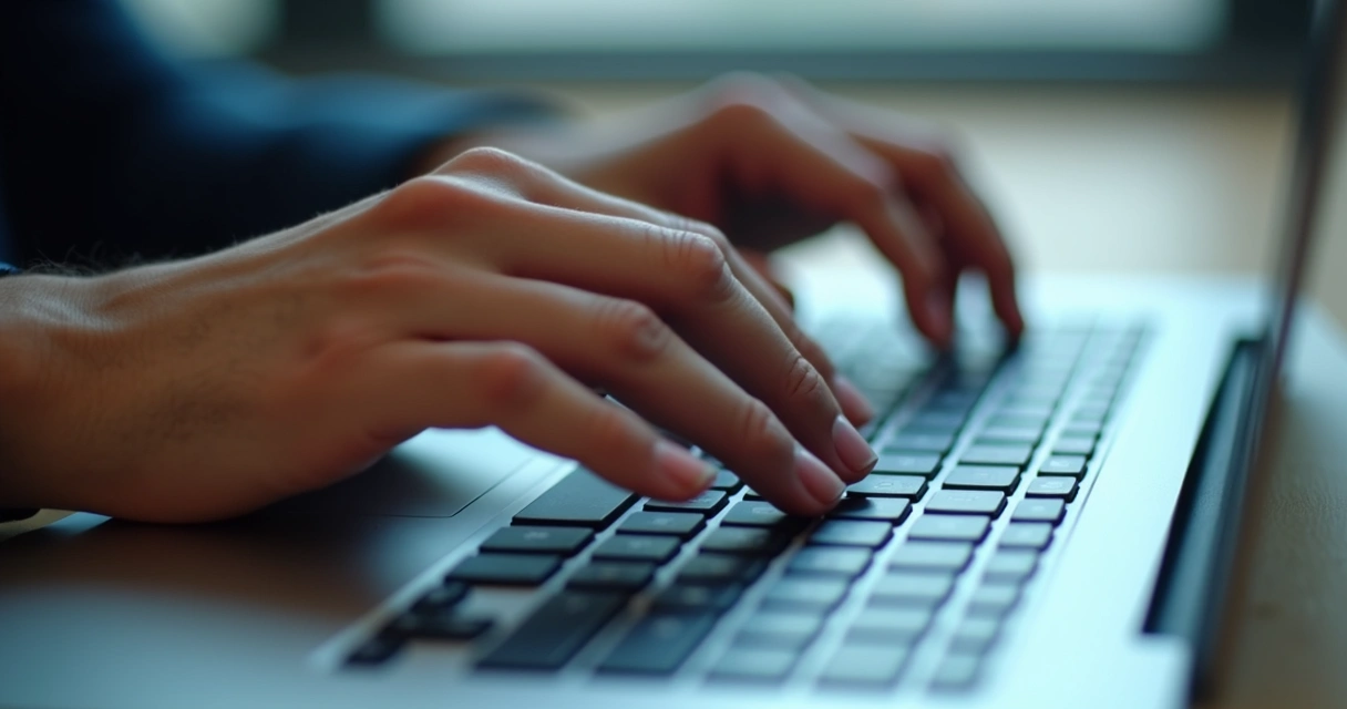 Mãos digitando cuidadosamente em teclado de computador 