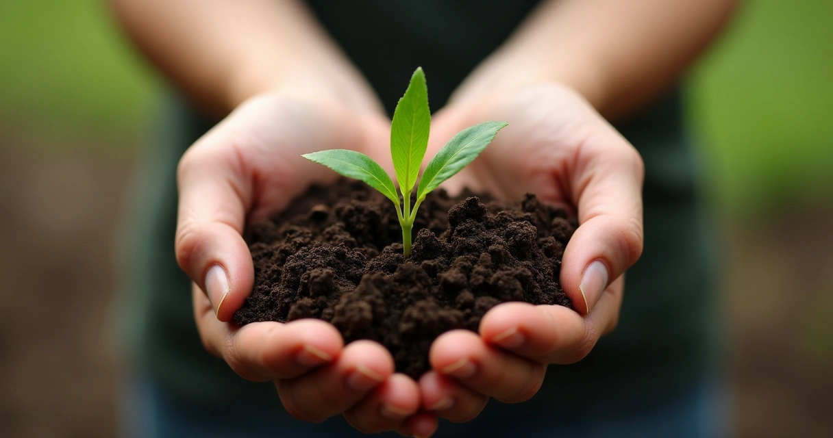 Mãos segurando terra com um broto verde