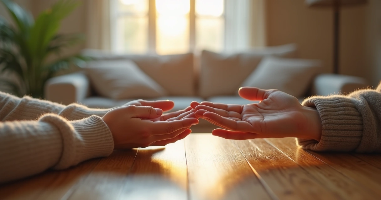 Duas mãos se tocando sobre mesa iluminada por luz suave 