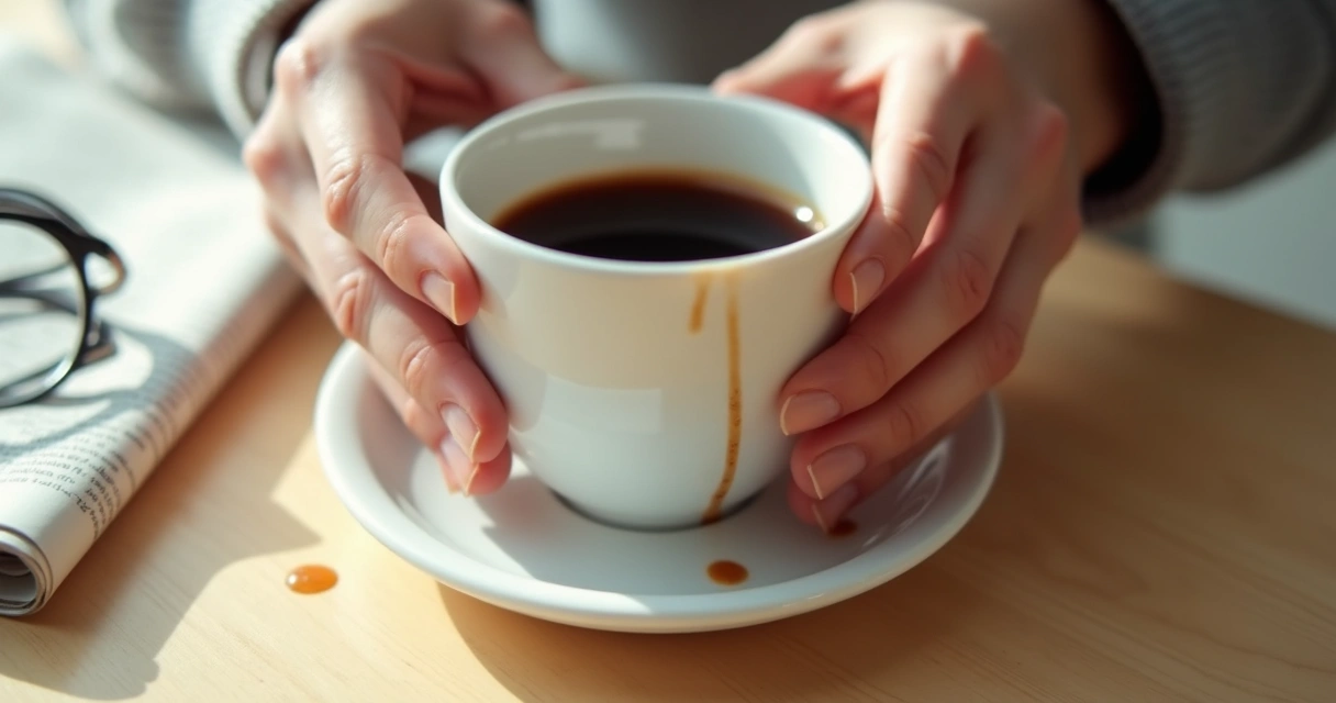 Mãos trêmulas derramando café de uma xícara na mesa clara 