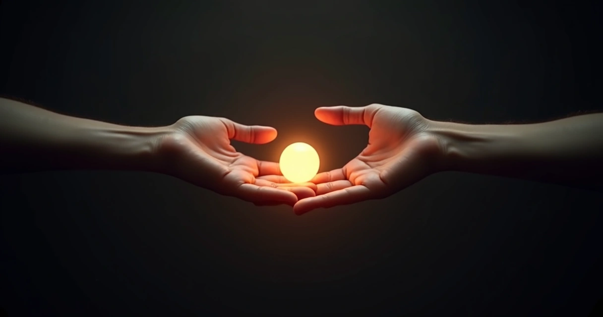 Duas mãos trocando uma pequena luz entre elas numa paisagem escura e minimalista 