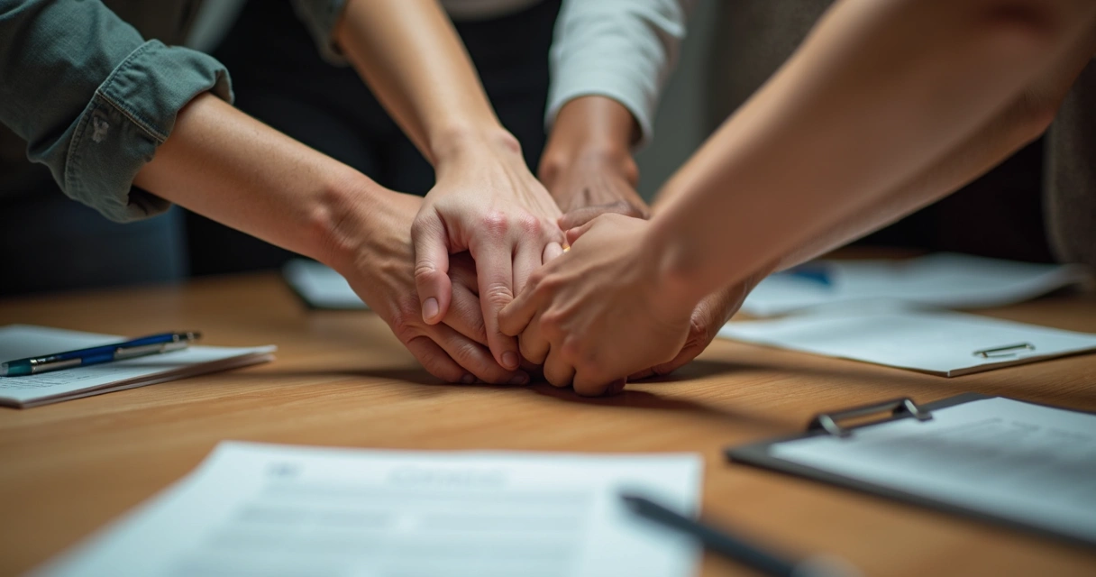 Mãos diferentes de pessoas se unindo em sinal de colaboração ética sobre uma mesa. 