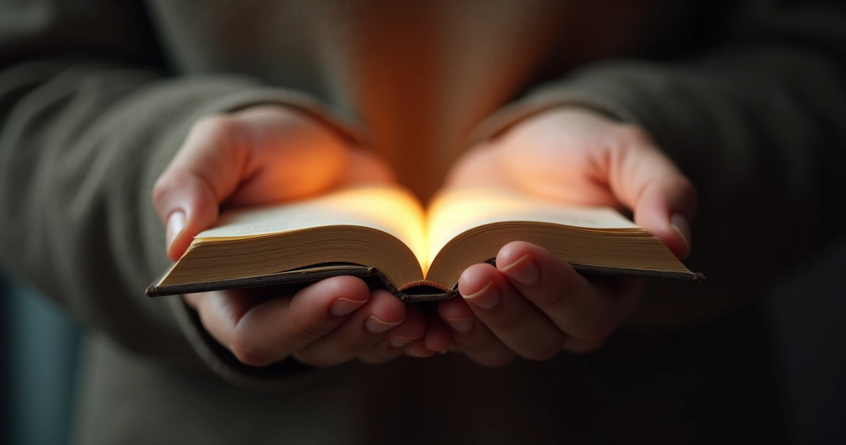 Mãos unidas segurando um livro aberto iluminado por luz suave 