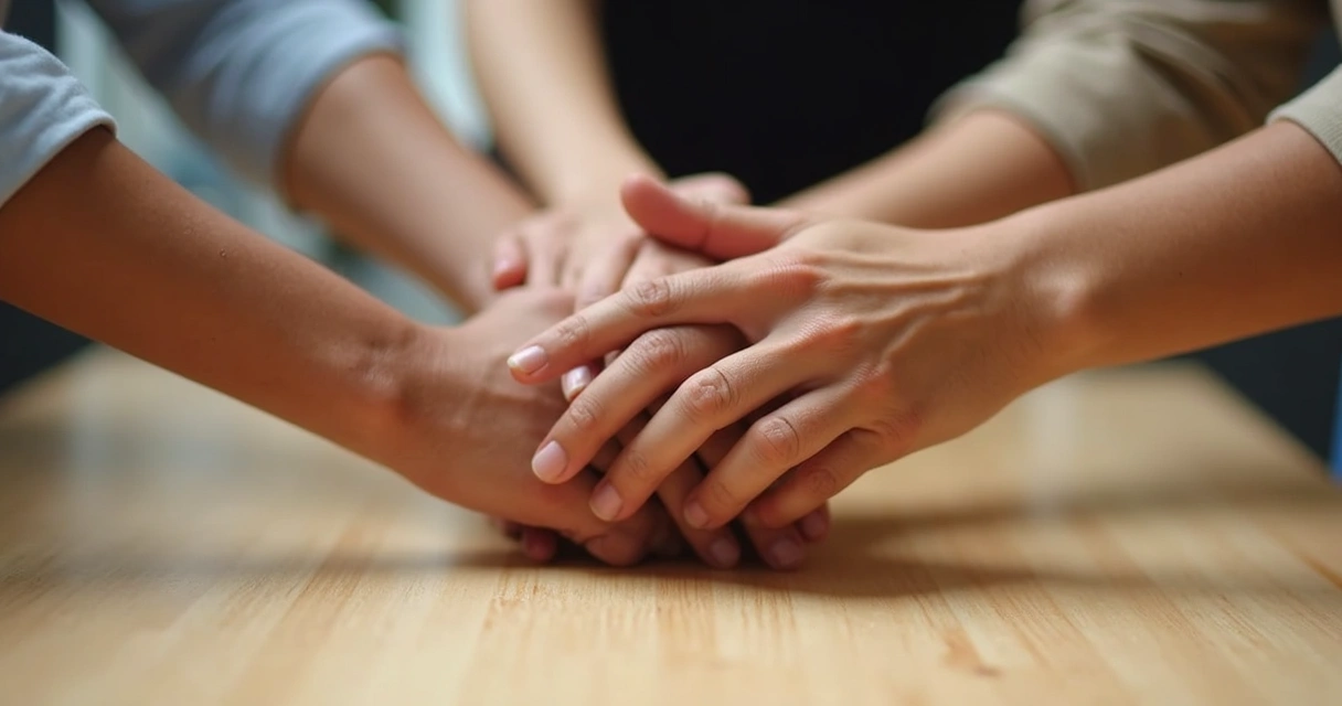 Mãos de diferentes pessoas unidas sobre a mesa