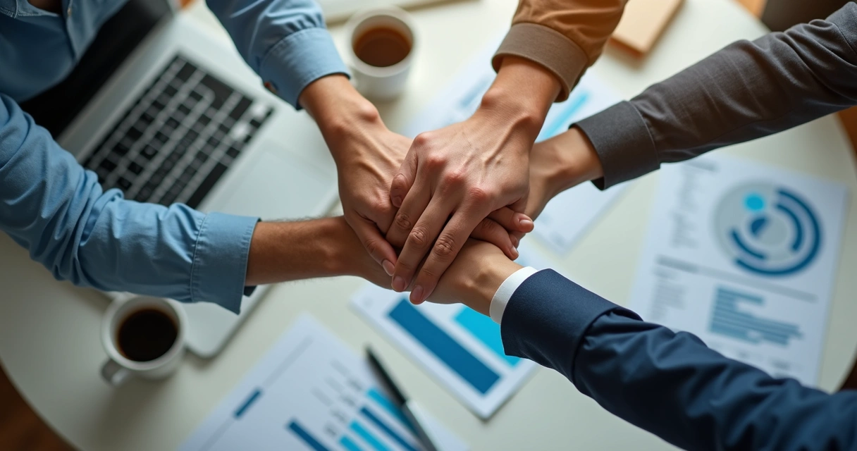 Mãos unidas sobre mesa de trabalho em escritório