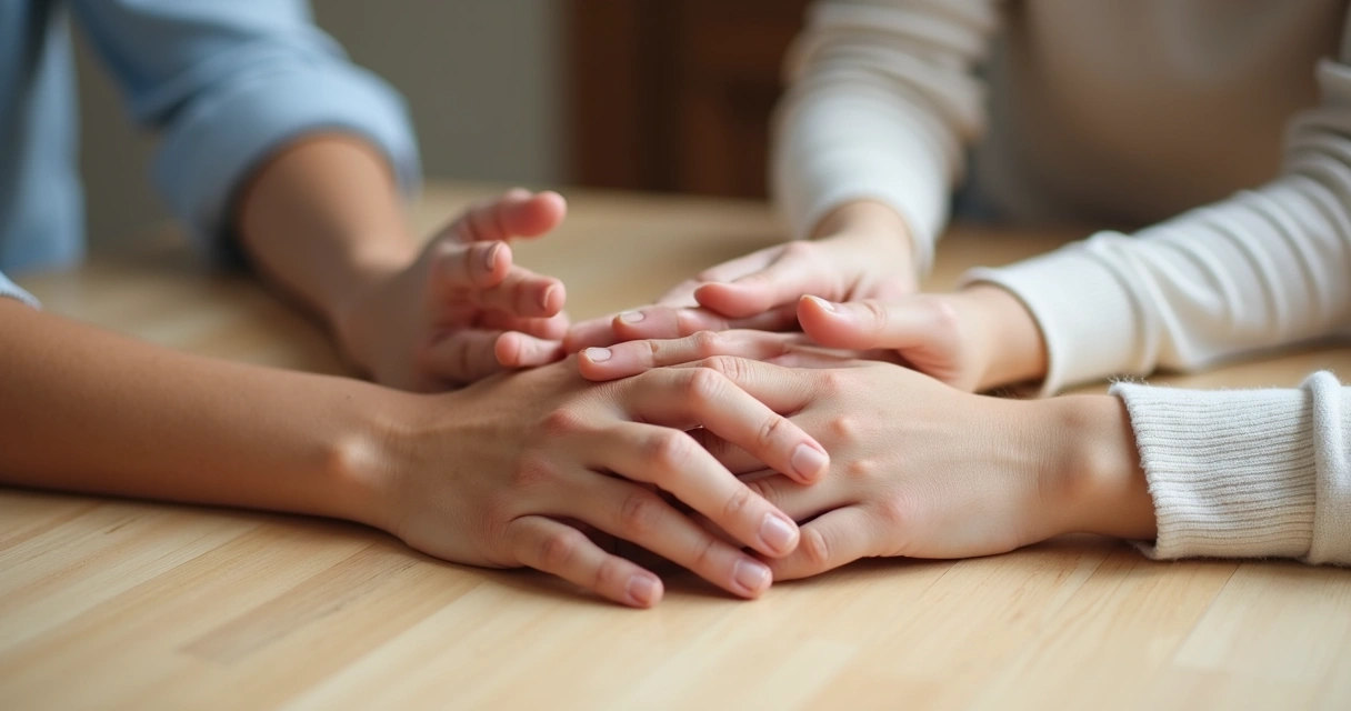 Mãos de família unidas sobre mesa clara