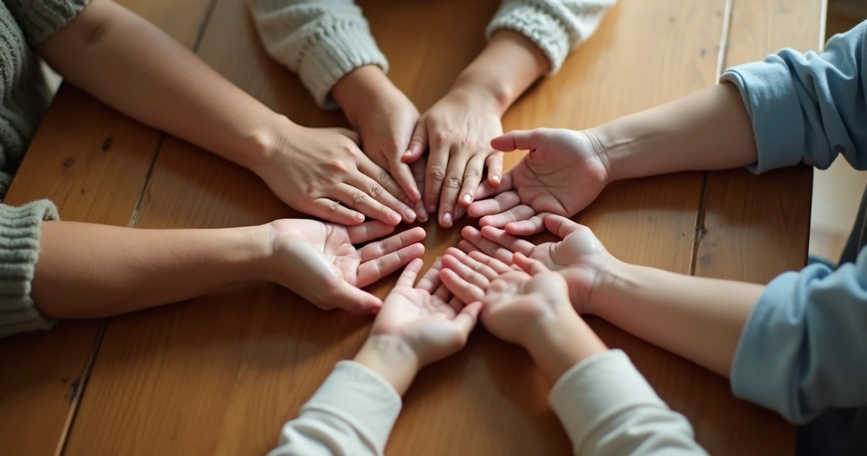 Mãos de família unidas em círculo