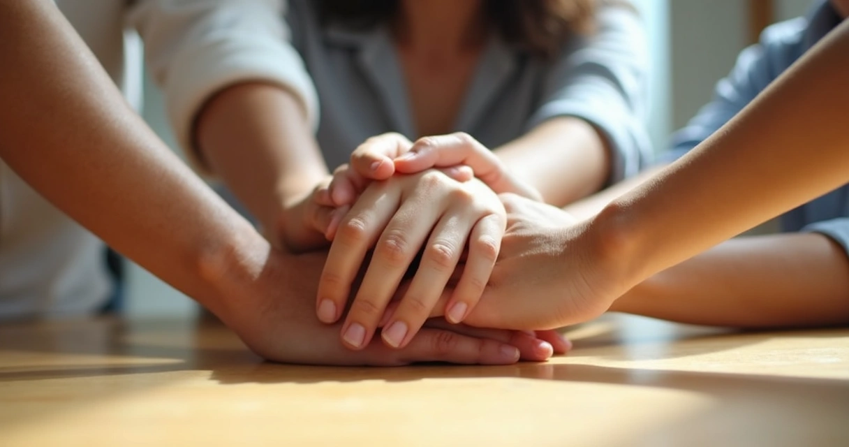 Membros de uma família unindo as mãos sobre uma mesa