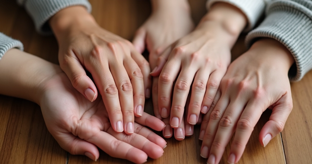 Quatro mãos de diferentes tamanhos sobrepostas 