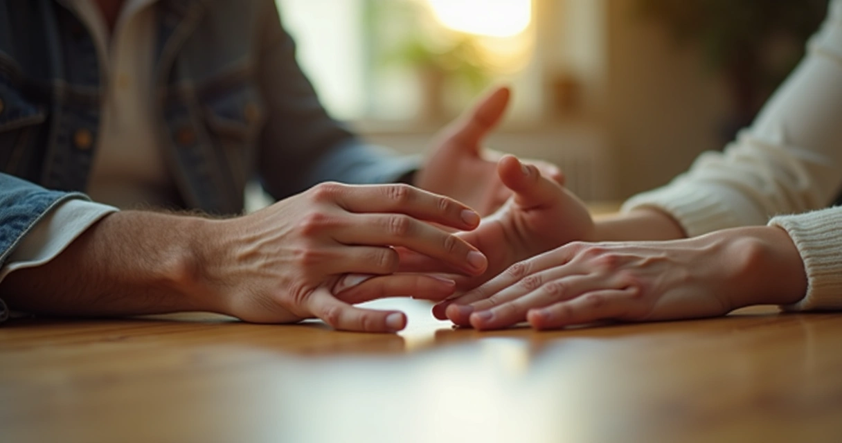 Duas mãos próximas sobre uma mesa de madeira