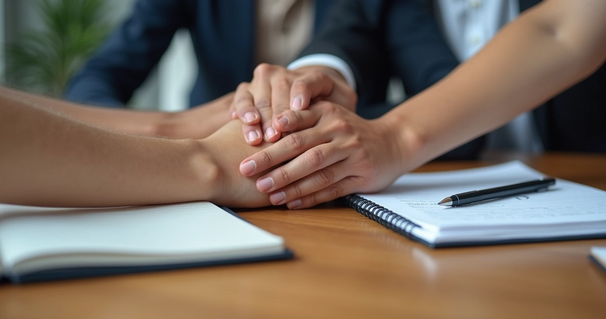 Mãos unidas sobre mesa de madeira em gesto coletivo 