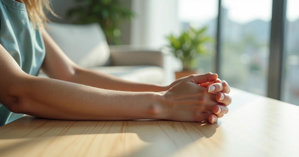 Mãos femininas apoiadas sobre mesa clara com veias aparentes e aspecto saudável 