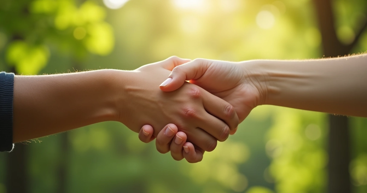 Duas mãos entrelaçadas em gesto de generosidade com fundo de luz suave e natureza ao redor 