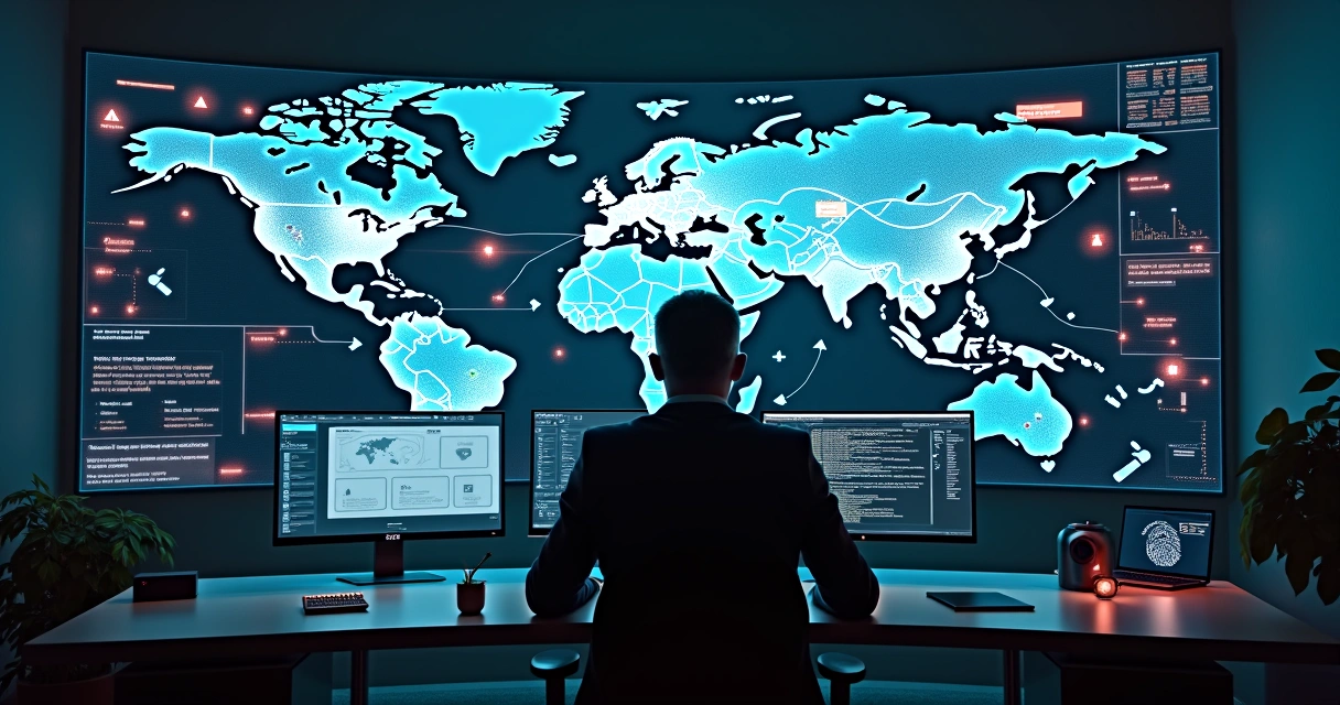 Analista observando mapa digital com rotas quebradas em um labirinto de dados 