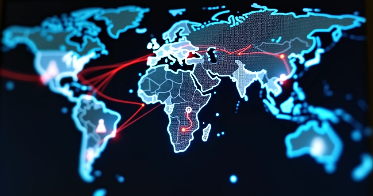 Mapa das Américas com conexões digitais e sinais de desinformação 