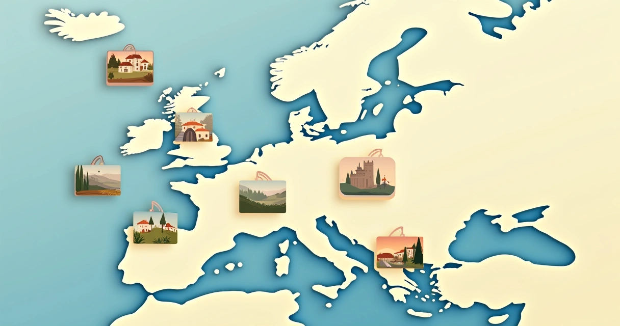 Mapa ilustrado da Europa com cenas de animações clássicas em volta 