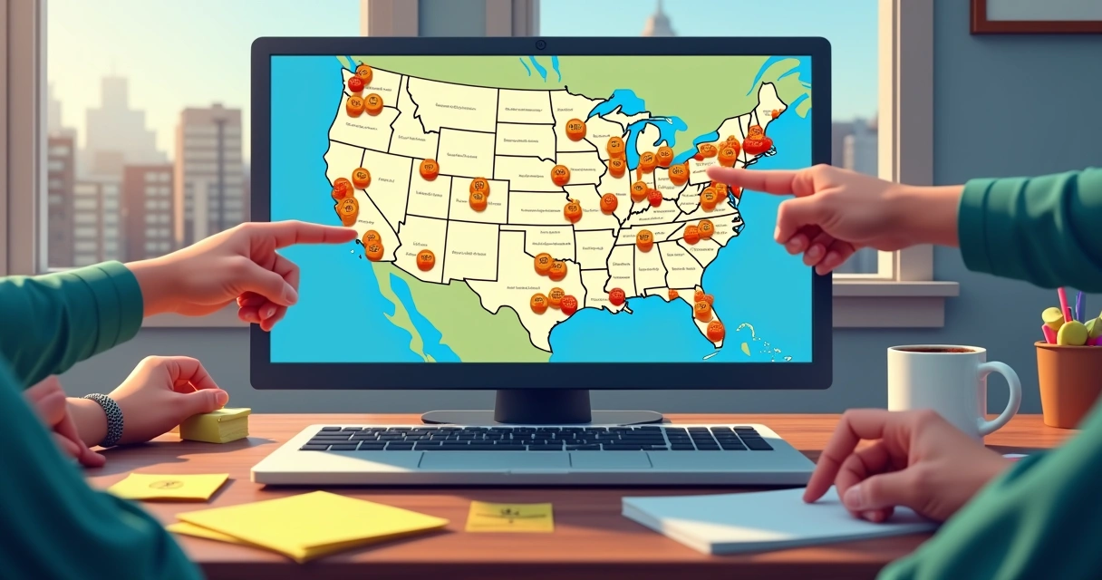 Mapa interativo nos Estados Unidos exibindo alertas coloridos sobre operações do ICE