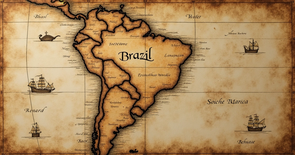 Mapa antigo da costa do Brasil com escrito Brazil. 