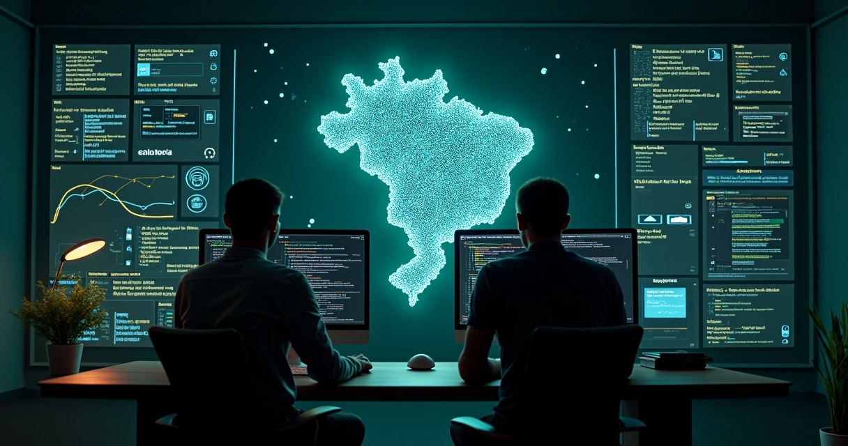 Mapa do Brasil formado por ícones fiscais e de API em painel digital 