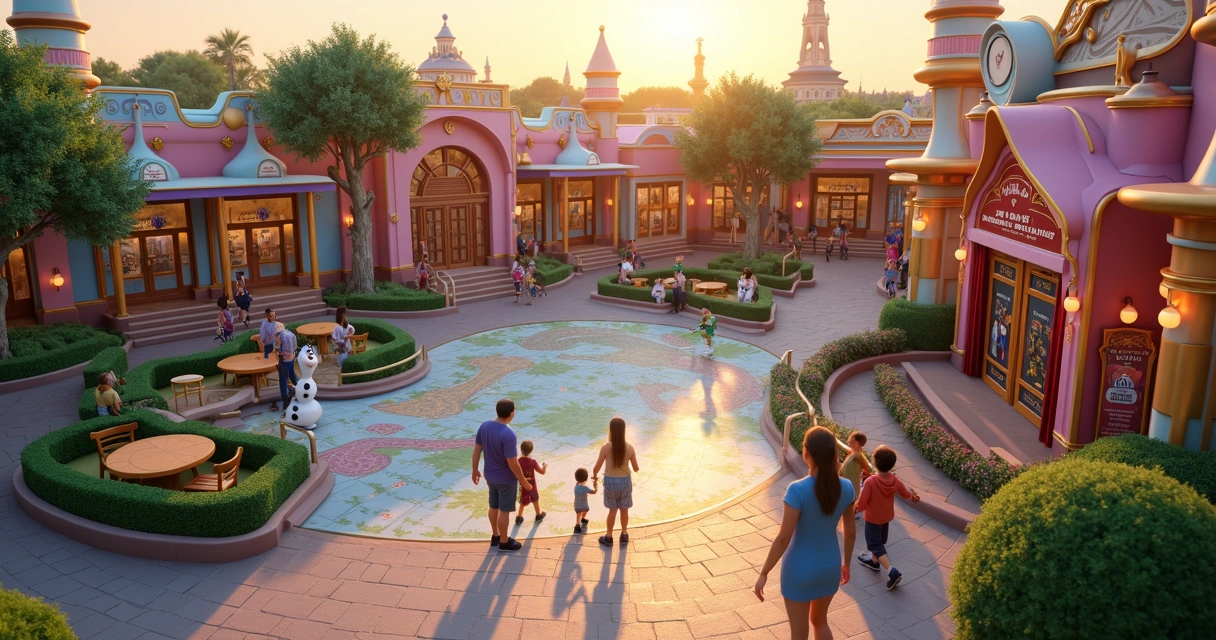 Mapa colorido da nova área interativa da Disney em Orlando com famílias explorando as atrações 