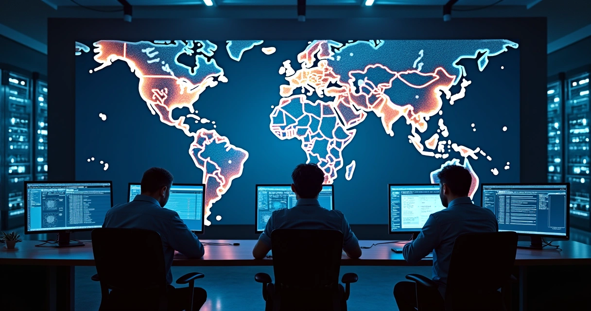 Mapa de roteamento ASN sendo exibido em telão de datacenter moderno 
