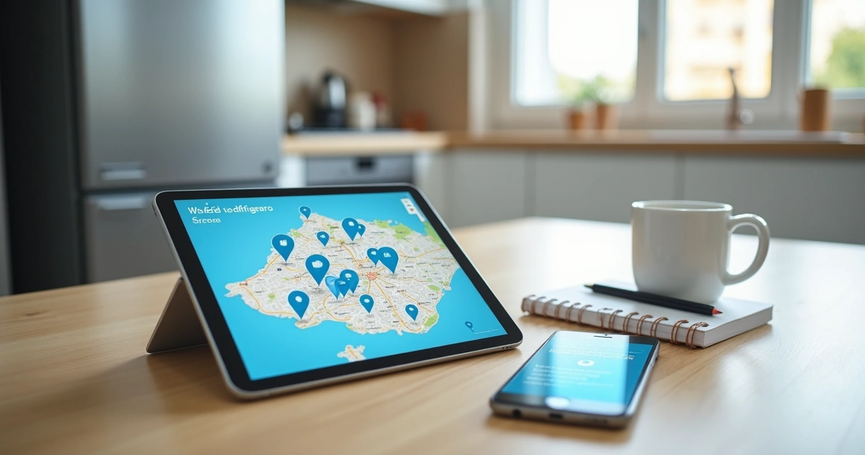 Mapa do Rio de Janeiro em tablet destacando pontos de assistência para geladeira 