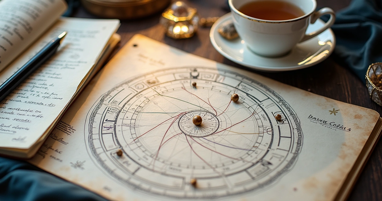 Mapa astral com anotações e símbolos astrológicos em mesa clara 