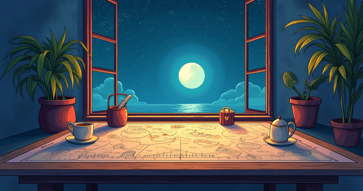 Ilustração de uma mesa com um mapa astral, anotações sobre emoções e uma lua cheia no fundo.