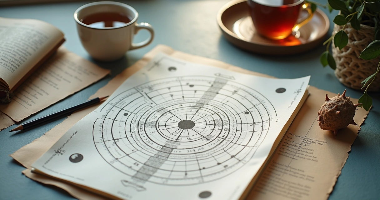 Mapa astral aberto ao lado de caderno e lápis 