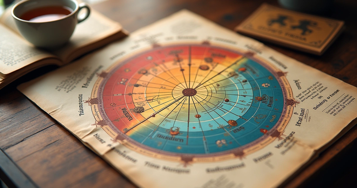 Mapa astral colorido com círculos e símbolos astrológicos detalhados 